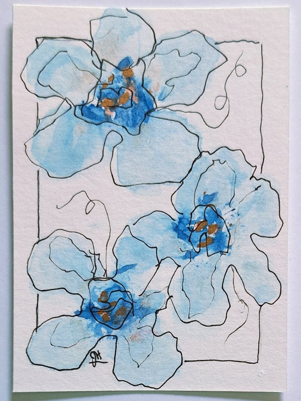 Original ACEO Watercolor Blue Floral with Iridescent & Gold Accents OOAK